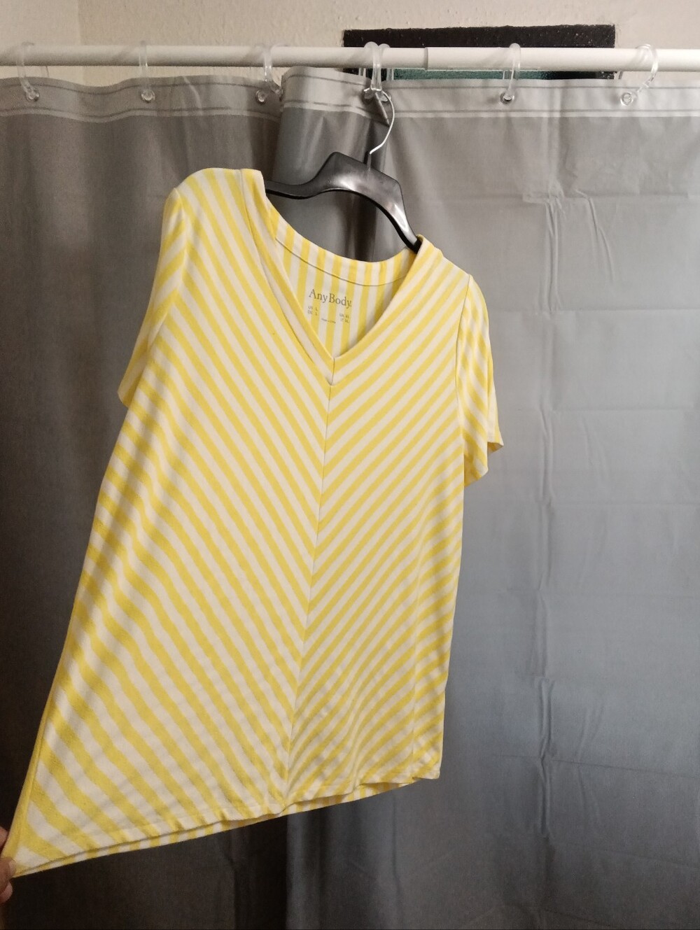 AnyBody Yellow and White Striped V-Neck Short Sleeve Top